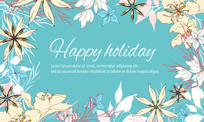 Spring card with bright flowers on a blue background. Vector banner for congratulations on International Women's Day March 8.