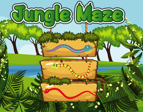 Jungle maze game design with snakes and jungle background