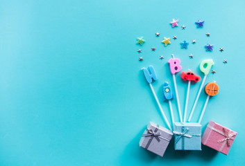 Top view, Colorful happy birthday candles.