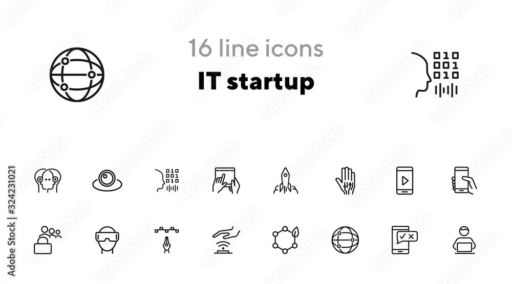 Poster it startup line icon set. programmer, scanning, robotic hand, goggles. business concept. can be used