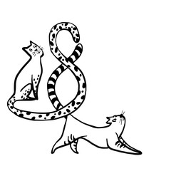 Cartoon cats intertwine the tails of figure 8. Postcard for the day of March 8. Template with place for text. Stock vector illustration happy womens day. Doodle cat isolate on white background.