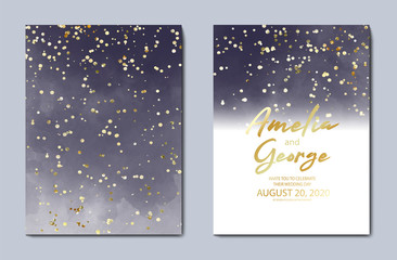 Beautiful dark blue water-colour background, great design for any purposes. Invitation ,Greeting card template. Vector gold glitter background texture.