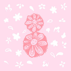 Doodle greeting card with smile number 8. Vector hand-drawing greeting card with smile flowers. Doodle flowers greeting card white on a pink background. For March 8, International Women's Day.
