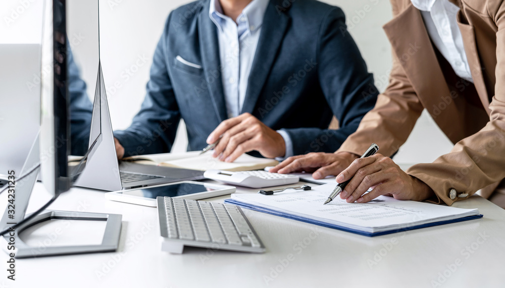 Poster business team investment working with computer, planning and analyzing graph stock market trading wi