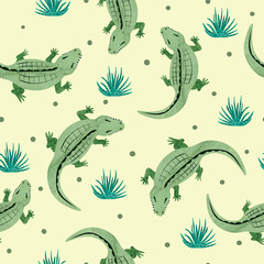 Crocodile pattern. Vector seamless background with watercolor alligators.