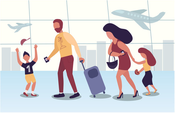 Family travel. Father with luggage, mother with passport, happy son and daughter with clatch at the airport. Vector illustration in a flat style. Together travveling concept.