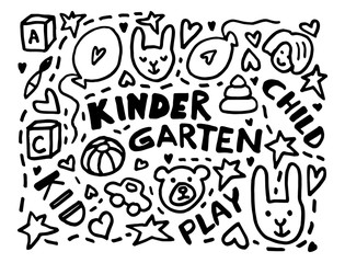 Simple han drawn doodle about kids. Kindergarten design colorless set vector illustration.