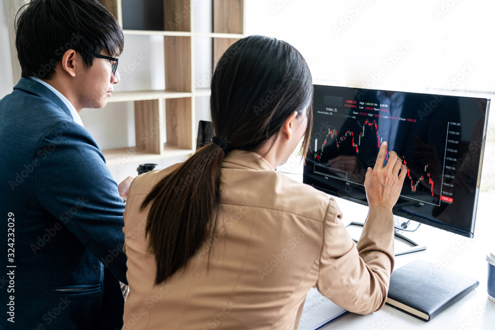 Poster business team investment working with computer, planning and analyzing graph stock market trading wi