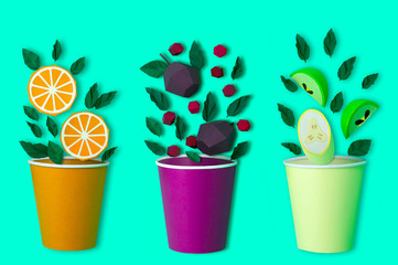 Paper berries and mint leaves fall in paper cup