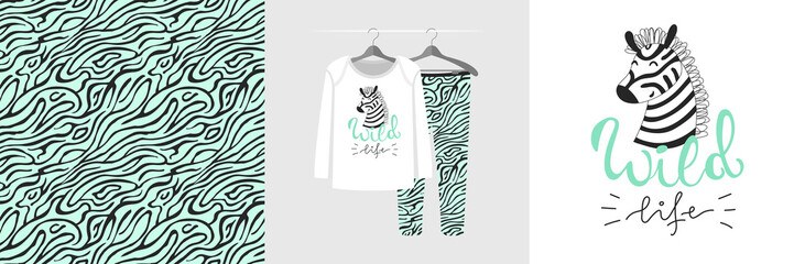 Seamless pattern and illustration with zebra, quote Wild life