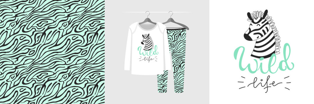 Seamless pattern and illustration with zebra, quote Wild life