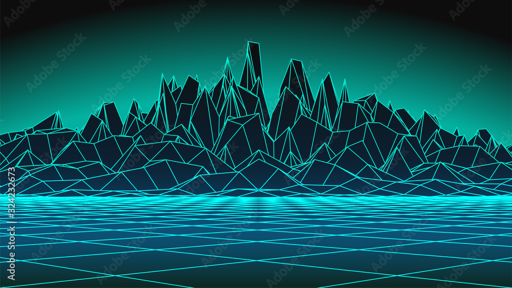 Poster wireframe landscape. 80s synthwave background. retro future terrain. perspective grid with mountains