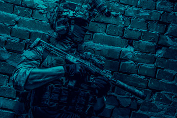 Shoulder portrait of army elite troops soldier, anti-terrorist tactical team, helmet with thermal...