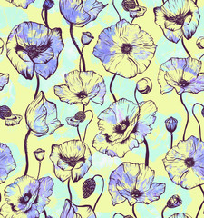 Hand drawn seamless pattern with bright abstract poppy flower head