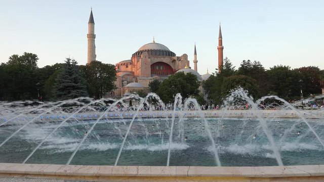 Video of fountain  in Sultan Ahmet Park with Hagia Sophia in the background , Istanbul, Turkey
