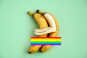 two bananas on a green background with LGBT flag, one banana hugs another with its peel