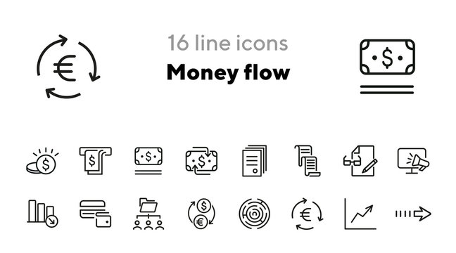 Money flow icons. Set of line icons. Currency exchange, decreasing bar chart. Finance concept. Vector illustration can be used for topics like finance, business, banking