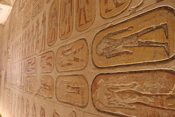 Hieroglyphics inside the Tomb of Rameses VI - Valley of the Kings. The colour and drawing still preserved well in the tomb. 