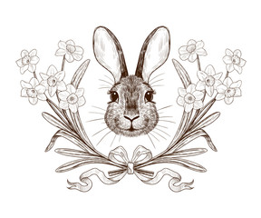 .Easter Bunny in a wreath of narcissus. Engraved design elements.Festive vintage image.Hand drawn vector illustration.