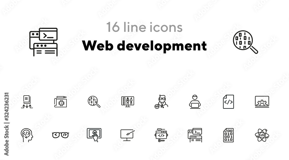 Poster web development line icon set. set of line icons. developer, internet, technology. web development c