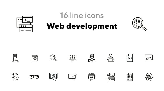 Web development line icon set. Set of line icons. Developer, internet, technology. Web development concept. Vector illustration for topics like modern technology, computering, design