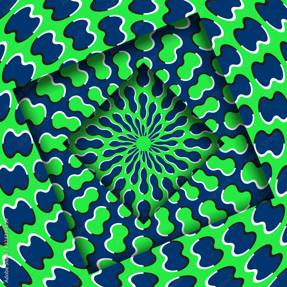 Poster abstract turned frames with a rotating blue green trippy pattern. optical illusion hypnotic backgrou