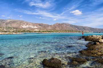 Different shades of blue on Elafonisi beach. Crete island, Greece