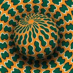 Optical illusion hypnotic vector illustration. Patterned green orange sphere soaring above the same surface.