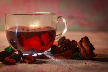 Red Hot Hibiscus tea in a glass mug