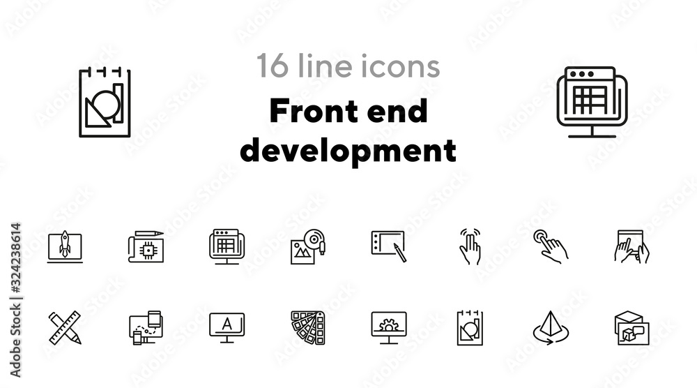 Poster front end development icon set. line icons collection on white background. palette, gadget, interfac