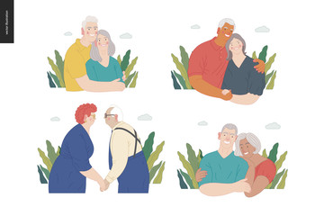 Medical insurance -senior citizen health plan -modern flat vector concept digital illustration of a happy elderly couple, standing embraced together holding their hands. Medical insurance plan.