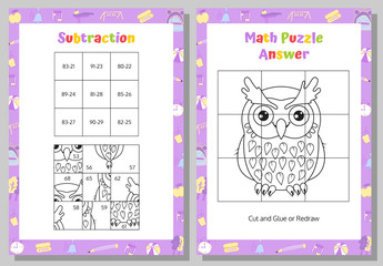 Subtraction Math Puzzle Worksheet. Educational Game. Mathematical Game. Vector illustration.