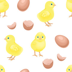 Yellow little chickens, eggs and broken shell seamless pattern. Vector illustration of cute chicks isolated on  white background.