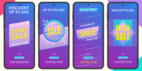 Stories Sale banner design templates for mobile phone. Discount Frames for Smartphone story. Social Media layout with Swipe Up button. Special offer and Price off coupon. Vector illustration.