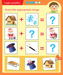 Obraz na płótnie Canvas Logic puzzle for kids. Matching game, education game for children. Match the right object. Worksheet vector design for preschoolers.