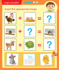 Fototapeta premium Logic puzzle for kids. Matching game, education game for children. Match the right object. Worksheet vector design for preschoolers.