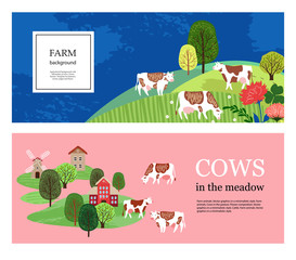 Horizontal banners. Cows in the pasture. Silhouettes of cows, houses and trees.