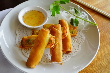 Fried Filipino vegetable spring rolls at an Asian restaurant