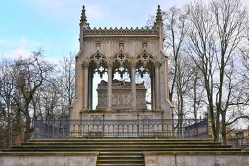 Warsaw, Poland - January 2020. Gothic tomb near Wilanow palace in Warsaw. Mausoleum of Potocki and Church of Saint Anne in Wilanow. Wilanow palace area. Tourist attraction