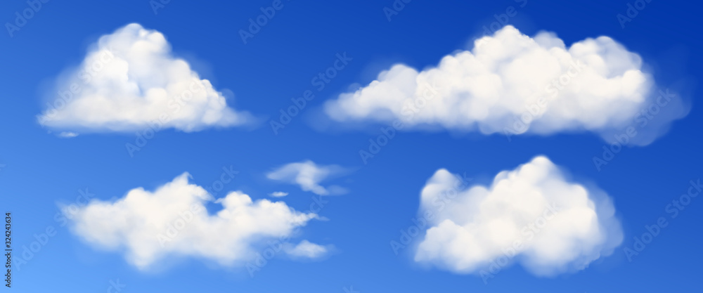 Sticker white clouds in blue sky. vector realistic fluffy different shapes clouds in clean heaven in summer 