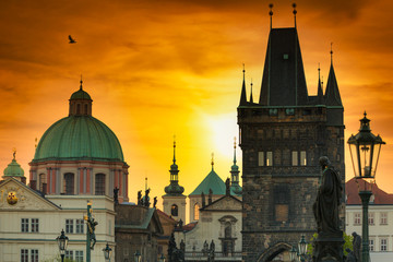 Obraz premium Tower of Charles bridge in Prague at sunrise, Czech Republic