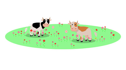 Obraz na płótnie Canvas Rural farm with cows in the meadow. Vector cartoon Spring or Summer landscape.