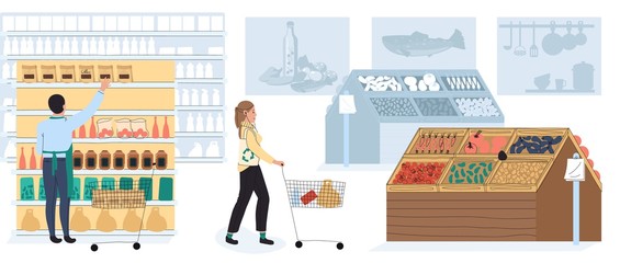 People shopping in grocery store, supermarket customer, vector illustration. Woman with shopping cart choosing food products in large supermarket. Hand drawn cartoon characters, grocery store scene