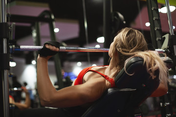 Beautiful young athletic woman is training in the gym. A girl in sportswear performs exercises with...