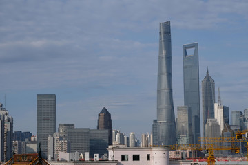 Shanghai Pudong Lujiazui skyline on sunny day. Financial center of China