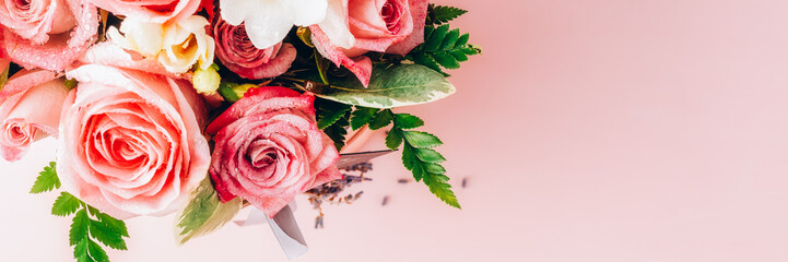 Beautiful and tender bouquet of flowers in the hat box, nice present concept, banner size
