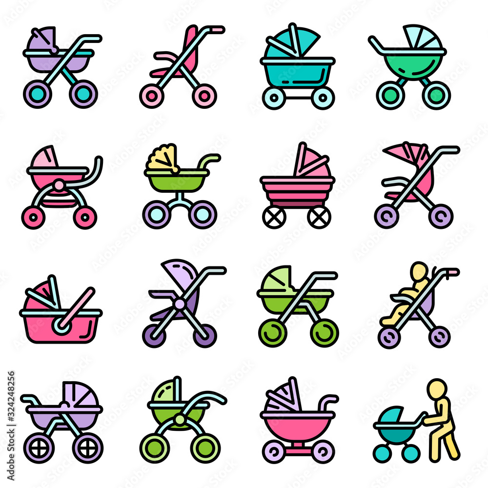 Poster pram icons set. outline set of pram vector icons for web design isolated on white background