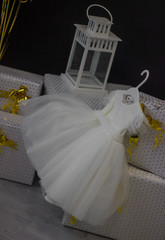 Fototapeta na wymiar white dress for a child's birthday and crown photo details