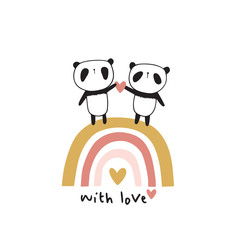 Greeting card. Cute pandas with a heart on a rainbow.  Vector.