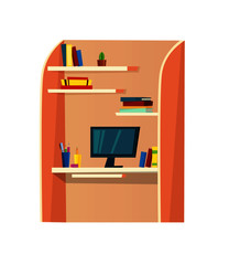 Desk for work with computer, book shelfs and education equipment.  Table flat style design. Vector illustration.